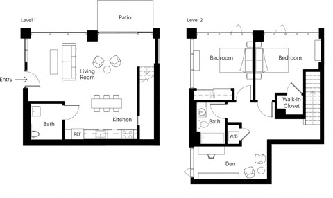 Floor plan for 2 beds, 2 baths, 1281 sqft